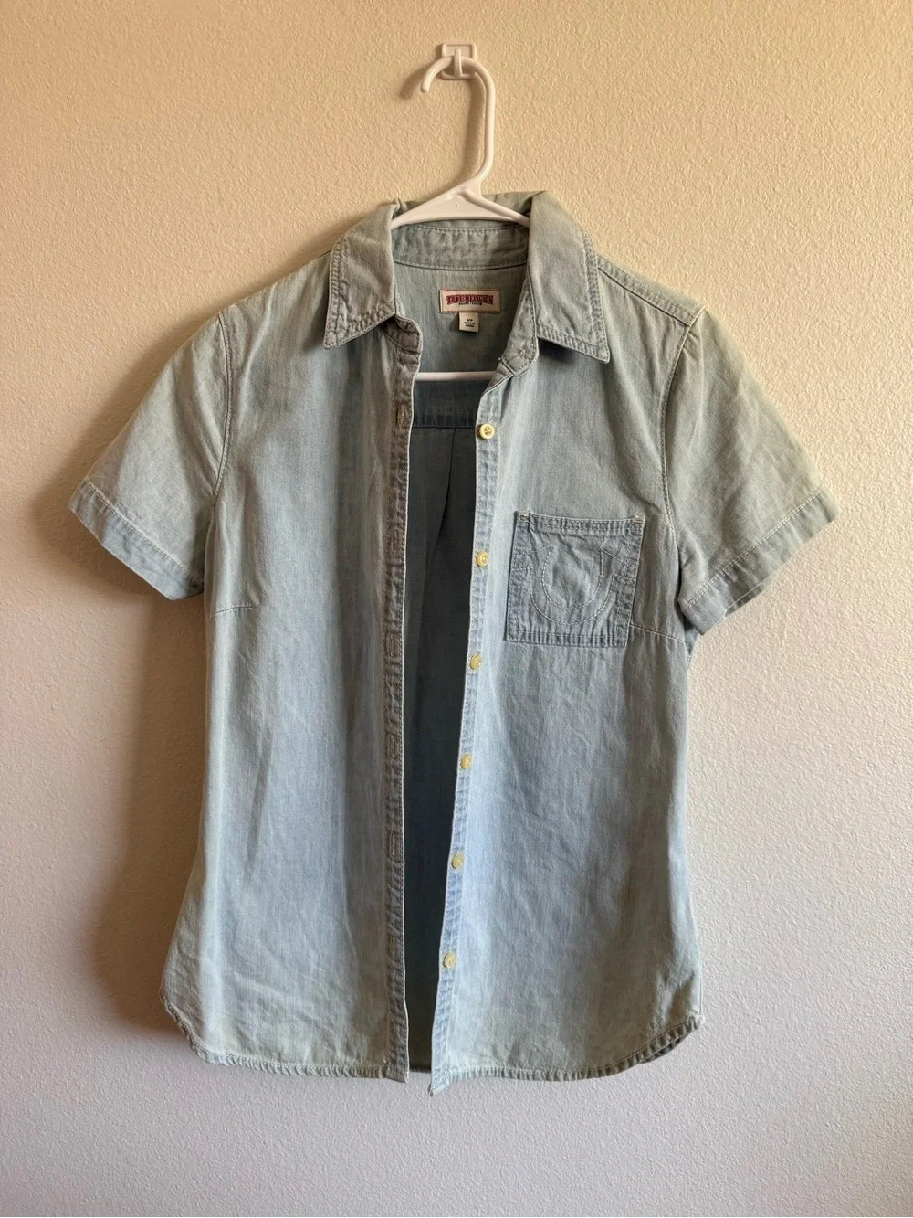 True Religion Pale Blue Denim Short Sleeve Button-Up Shirt